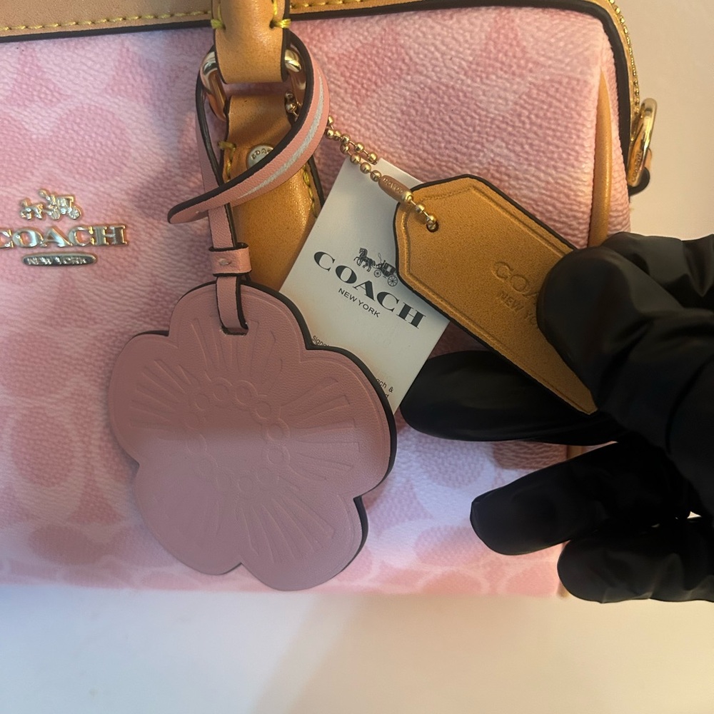 Coach Pink Signature Satchel with Tan Trim and Floral Charm - Picture 6 of 10